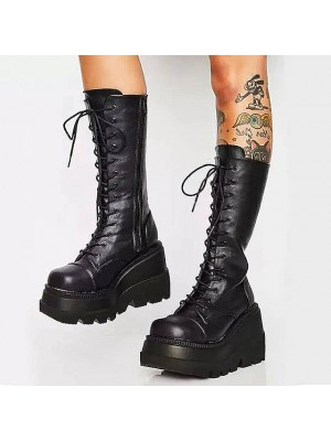 Women's Boots Goth Boots Cosplay Shoes Mid Calf Boots Lace-up Platform Wedge Heel Round Toe Gothic Punk Halloween Daily Club Faux Leather Zipper Fall Winter Solid Colored Black #8798471