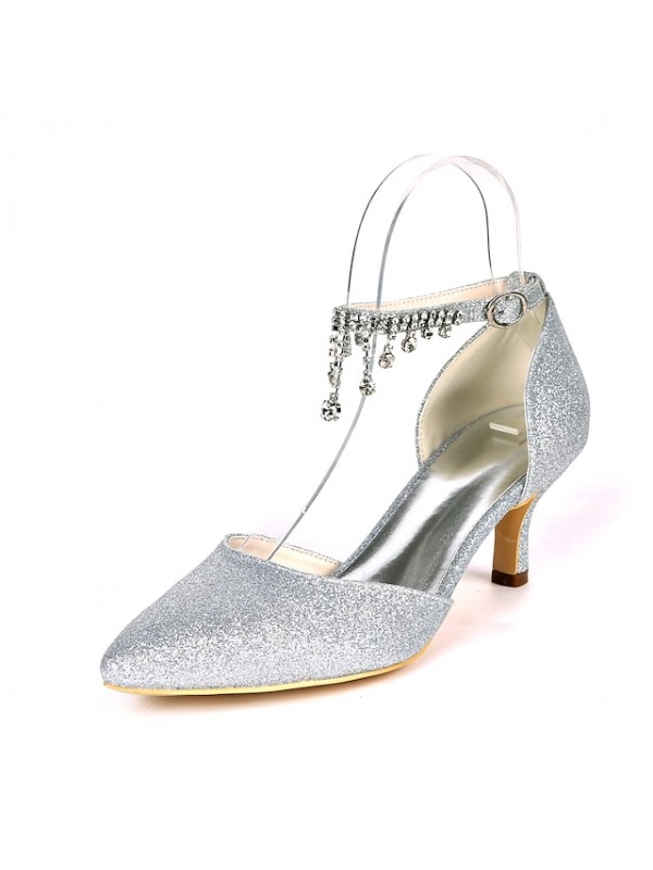 Women's Wedding Shoes Wedding Heels Bridesmaid Shoes Rhinestone Sparkling Glitter Tassel Kitten Heel Ankle Strap Heel Pointed Toe Wedding Gleit Ankle Strap Solid Colored Light Purple White Champagne #8790962