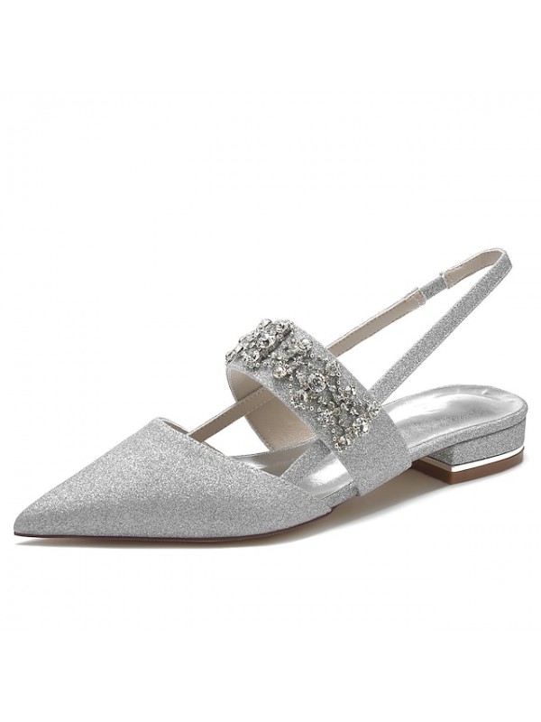 Women's Wedding Shoes Dress Shoes Wedding Flats Rhinestone Flat Heel Pointed Toe Luxurious Classic Party Wedding Glitter Elastic Band Spring Summer Solid Colored White Champagne Silver #9028814