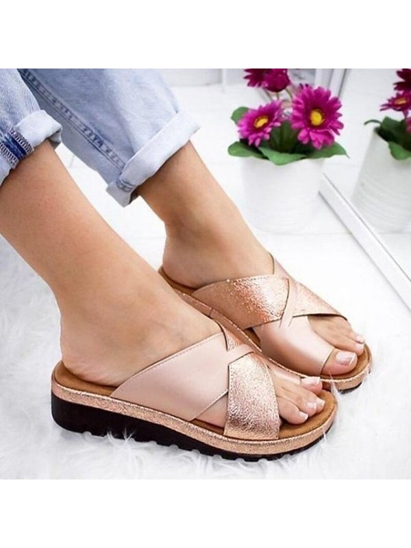 Women's Sandals Plus Size Flat Heel Round Toe Minimalism Daily PU Leather Spring Summer Solid Colored Black Champagne Silver #9018754