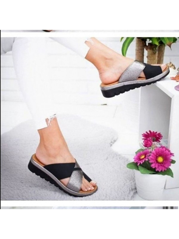 Women's Sandals Plus Size Flat Heel Round Toe Minimalism Daily PU Leather Spring Summer Solid Colored Black Champagne Silver #9018754