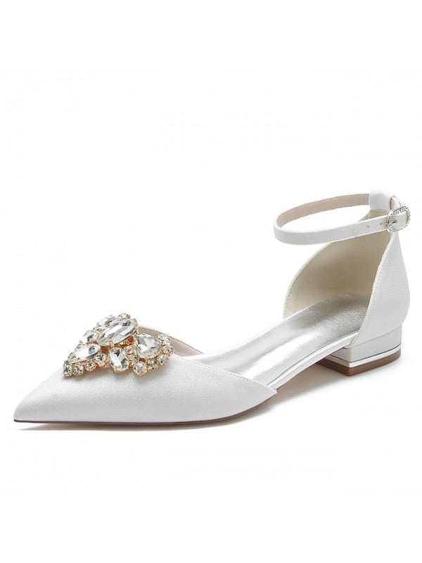 Women's Wedding Shoes Dress Shoes Wedding Flats Rhinestone Flat Heel Pointed Toe Elegant Classic Party Wedding Glitter Ankle Strap Spring Summer Solid Colored White Champagne Silver #9028813