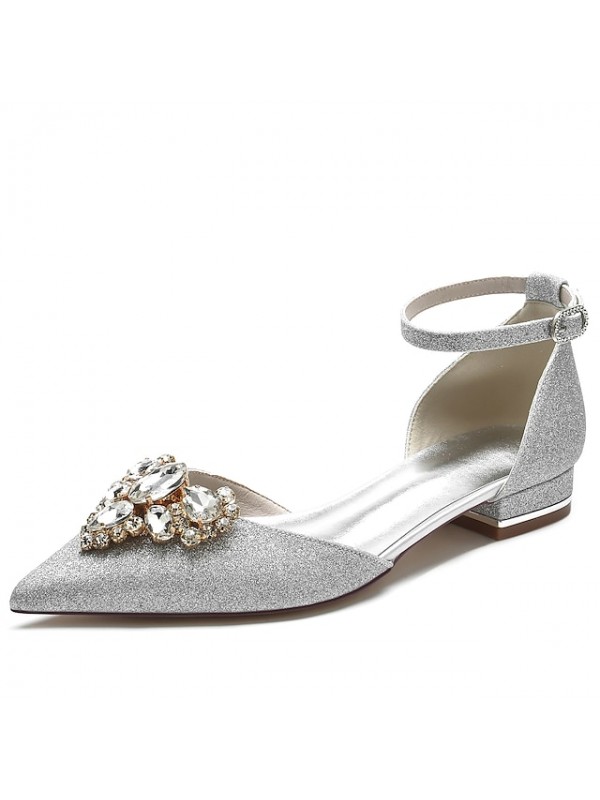 Women's Wedding Shoes Dress Shoes Wedding Flats Rhinestone Flat Heel Pointed Toe Elegant Classic Party Wedding Glitter Ankle Strap Spring Summer Solid Colored White Champagne Silver #9028813