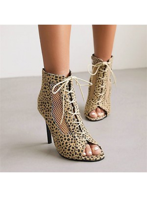 Women's Boots Stiletto Heel Peep Toe Minimalism Daily PU Leather Lace-up Summer Color Block Leopard White Black #9034425