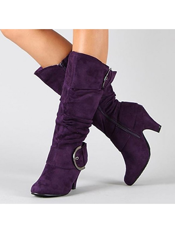 Women's Boots Suede Shoes Knee High Boots Mid Calf Boots Buckle Kitten Heel Round Toe Vintage British Daily Suede Zipper Fall Winter Solid Colored Black Gray Purple / Mid-Calf Boots #7753944