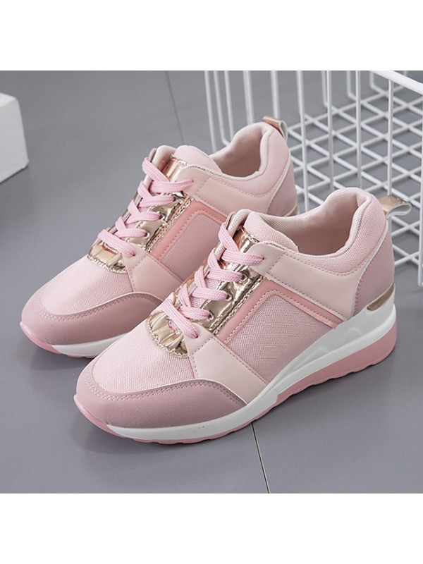 Women's Sneakers Plus Size Wedge Heel Round Toe Sporty Daily Outdoor Walking Shoes Lace-up Fall Spring Color Block White Pink Light Grey #8671702