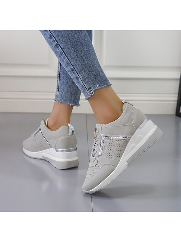 Women's Sneakers Plus Size Wedge Heel Round Toe Sporty Daily Outdoor Walking Shoes Lace-up Fall Spring Color Block White Pink Light Grey #8671702