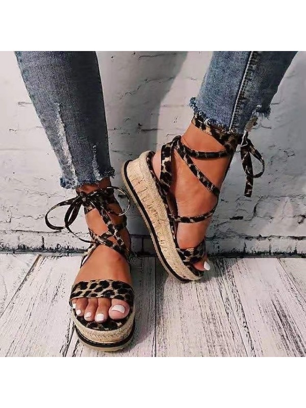 Women's Sandals Lace Up Sandals Boho Bohemia Beach Espadrilles Chunky Heel Round Toe PU Ankle Strap Leopard Yellow / Platform Sandals / Gladiator Sandals Roman Sandals #8557906