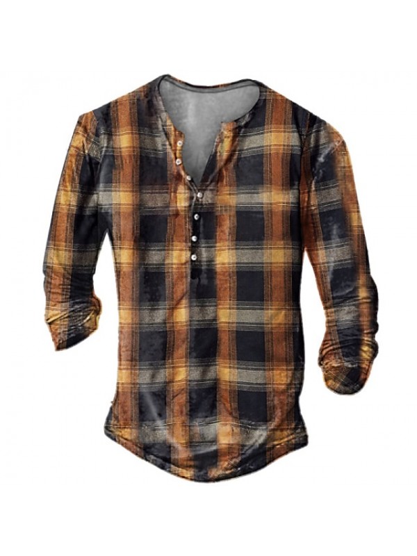 Men's Outdoor Plaid Print Henley Shirt V Neck Casual Loose Long Sleeve Tops T-Shirt Blouses #8963745