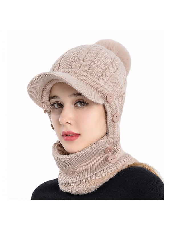 knit hat Winter Beanie Scarf Set Visor for Men Women Warm Thick Hat for Outdoor Camping Hiking Ski Skull Ski Cap with Visor #8821857