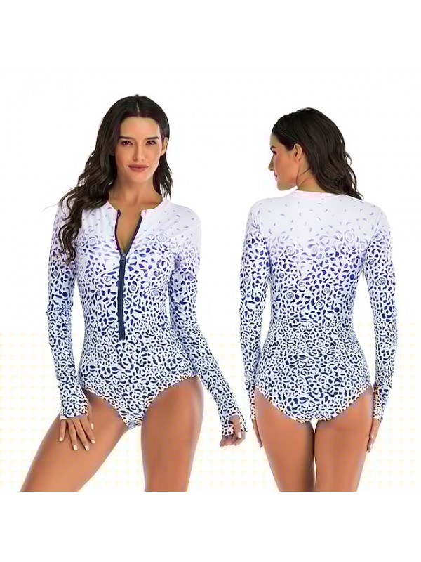 Women's One Piece Swimsuit Rash Guard Elastane Bodysuit Bathing Suit UV Sun Protection UPF50+ Breathable Stretchy Long Sleeve Front Zip - Swimming Surfing Beach Water Sports Leopard Autumn / Fall #8959424