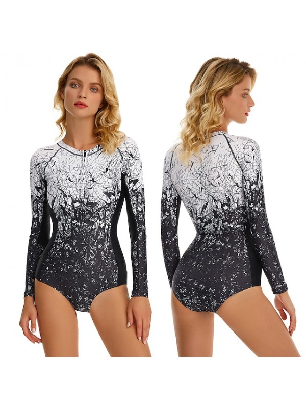 Women's One Piece Swimsuit Rash Guard Elastane Bodysuit Bathing Suit UV Sun Protection UPF50+ Breathable Stretchy Long Sleeve Front Zip - Swimming Surfing Beach Water Sports Painting Autumn / Fall #8959427