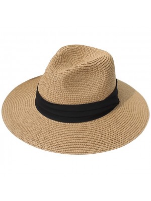 Wide Brim Straw Panama Roll up Hat Belt Buckle Fedora Beach Sun Hat UPF50+ #8746184