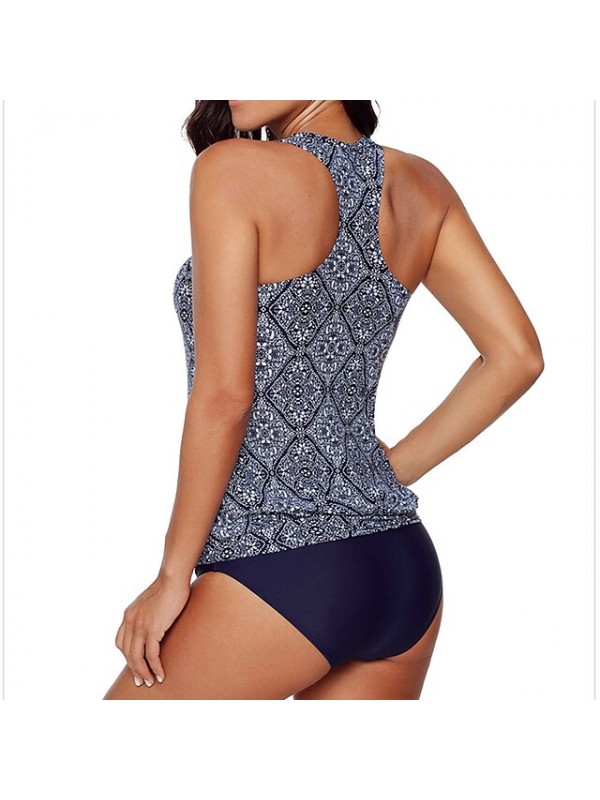 Women's Tankini Two Piece Swimsuit T Back Bathing Suit Swimwear Blue White Breathable Quick Dry Comfortable Sleeveless - Swimming Surfing Beach Summer / Nylon / Elastane / Stretchy #8262032