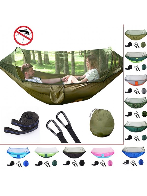 Camping Hammock with Pop Up Mosquito Net Double Hammock Outdoor Automatic Open Hammock Portable Breathable Anti-Mosquito Parachute Nylon with Carabiners and Tree Straps for 2 person 250*120 #6918847