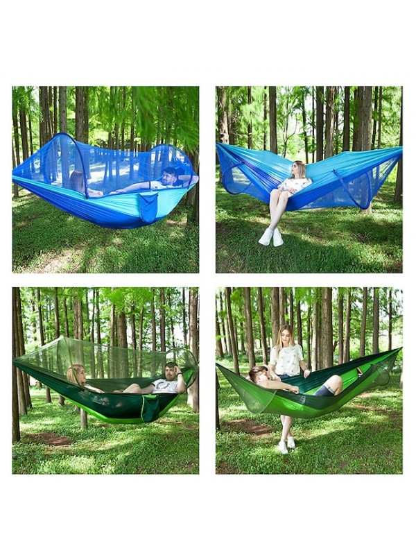 Camping Hammock with Pop Up Mosquito Net Double Hammock Outdoor Automatic Open Hammock Portable Breathable Anti-Mosquito Parachute Nylon with Carabiners and Tree Straps for 2 person 250*120 #6918847