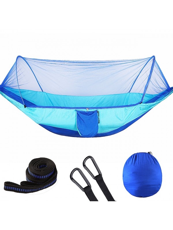 Camping Hammock with Pop Up Mosquito Net Double Hammock Outdoor Automatic Open Hammock Portable Breathable Anti-Mosquito Parachute Nylon with Carabiners and Tree Straps for 2 person 250*120 #6918847