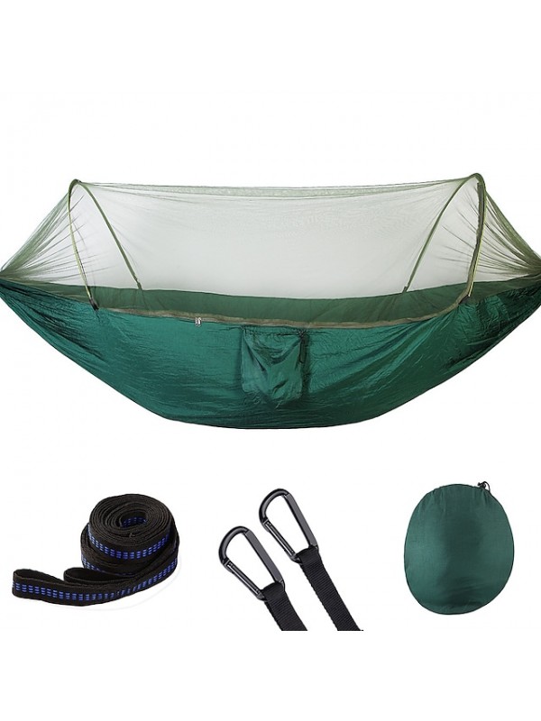 Camping Hammock with Pop Up Mosquito Net Double Hammock Outdoor Automatic Open Hammock Portable Breathable Anti-Mosquito Parachute Nylon with Carabiners and Tree Straps for 2 person 250*120 #6918847