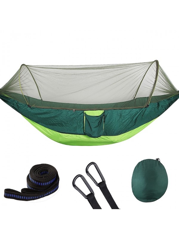 Camping Hammock with Pop Up Mosquito Net Double Hammock Outdoor Automatic Open Hammock Portable Breathable Anti-Mosquito Parachute Nylon with Carabiners and Tree Straps for 2 person 250*120 #6918847