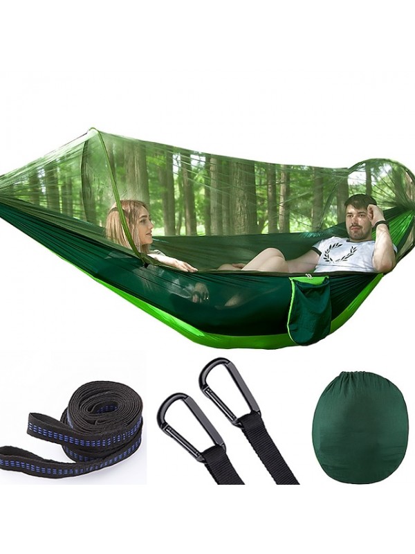 Camping Hammock with Pop Up Mosquito Net Double Hammock Outdoor Automatic Open Hammock Portable Breathable Anti-Mosquito Parachute Nylon with Carabiners and Tree Straps for 2 person 250*120 #6918847