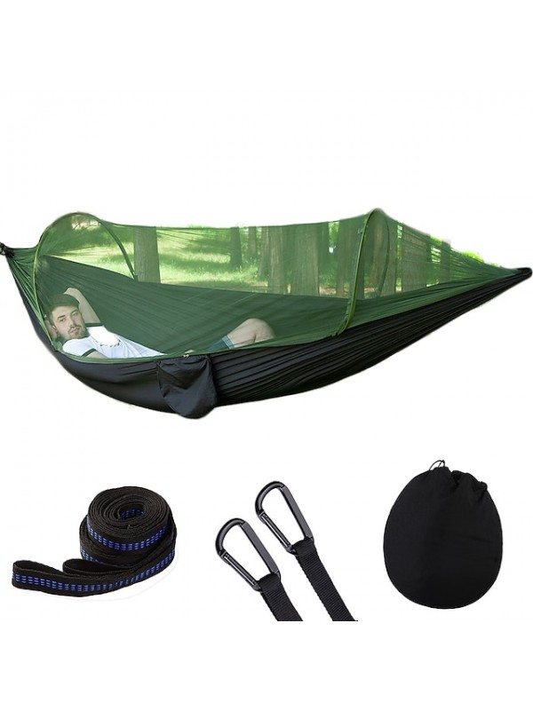 Camping Hammock with Pop Up Mosquito Net Double Hammock Outdoor Automatic Open Hammock Portable Breathable Anti-Mosquito Parachute Nylon with Carabiners and Tree Straps for 2 person 250*120 #6918847