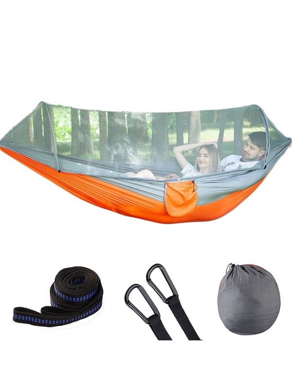 Camping Hammock with Pop Up Mosquito Net Double Hammock Outdoor Automatic Open Hammock Portable Breathable Anti-Mosquito Parachute Nylon with Carabiners and Tree Straps for 2 person 250*120 #6918847