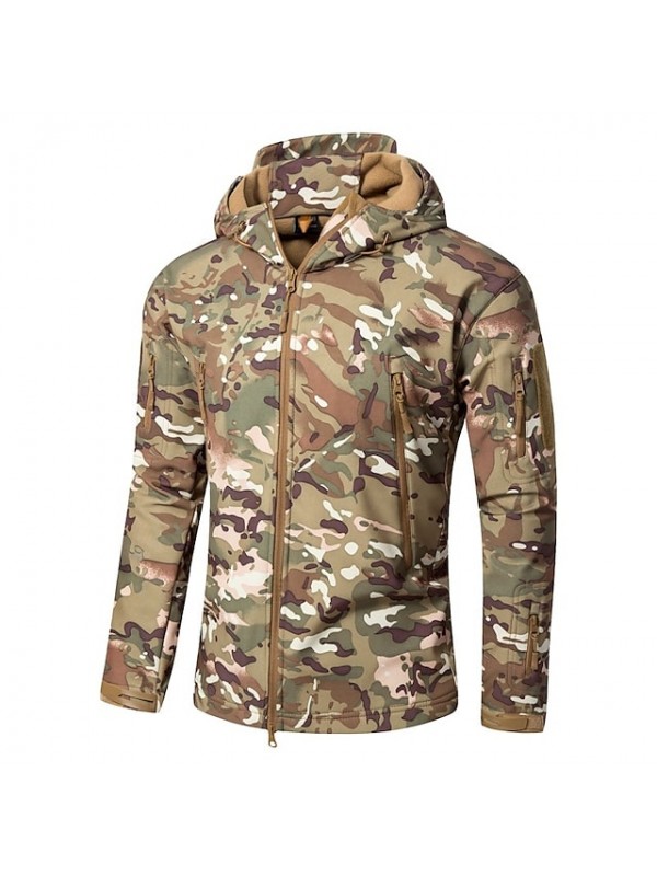 Men's Hunting Jacket Outdoor Thermal Warm Waterproof Windproof Fleece Lining Fall Winter Spring Camo Coat Top Fleece Polyester Camping / Hiking Hunting Fishing Jungle camouflage Python Black Black #8315773