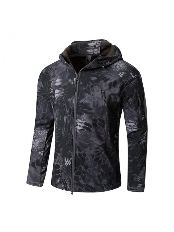 Men's Hunting Jacket Outdoor Thermal Warm Waterproof Windproof Fleece Lining Fall Winter Spring Camo Coat Top Fleece Polyester Camping / Hiking Hunting Fishing Jungle camouflage Python Black Black #8315773