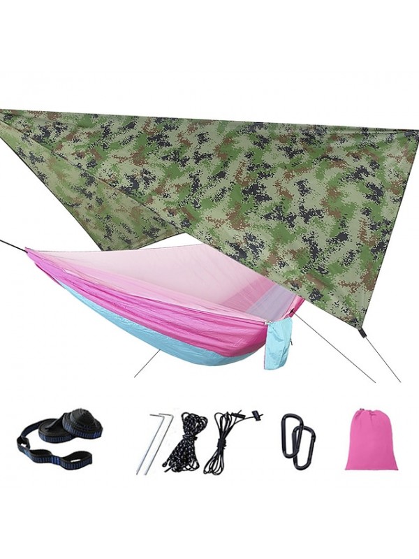 Camping Hammock with Mosquito Net Hammock Rain Fly Outdoor Portable Sunscreen Anti-Mosquito Ultra Light (UL) Breathable Parachute Nylon with Carabiners and Tree Straps for 2 person Camping / Hiking #7441955