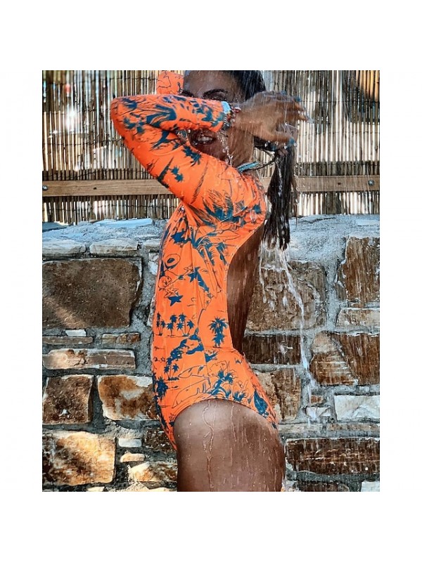 Women's One Piece Swimsuit Backless Bodysuit Bathing Suit Floral Swimwear Orange UV Sun Protection Breathable Quick Dry Long Sleeve - Swimming Surfing Beach Autumn / Fall Spring / Summer / Spandex #8994629