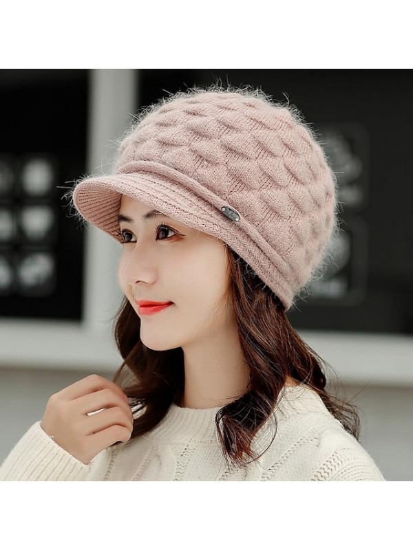 winter headwear two piece set womens knitted beanie hat with brim warm ski hats with fleece scarf neck warmer red #8603323