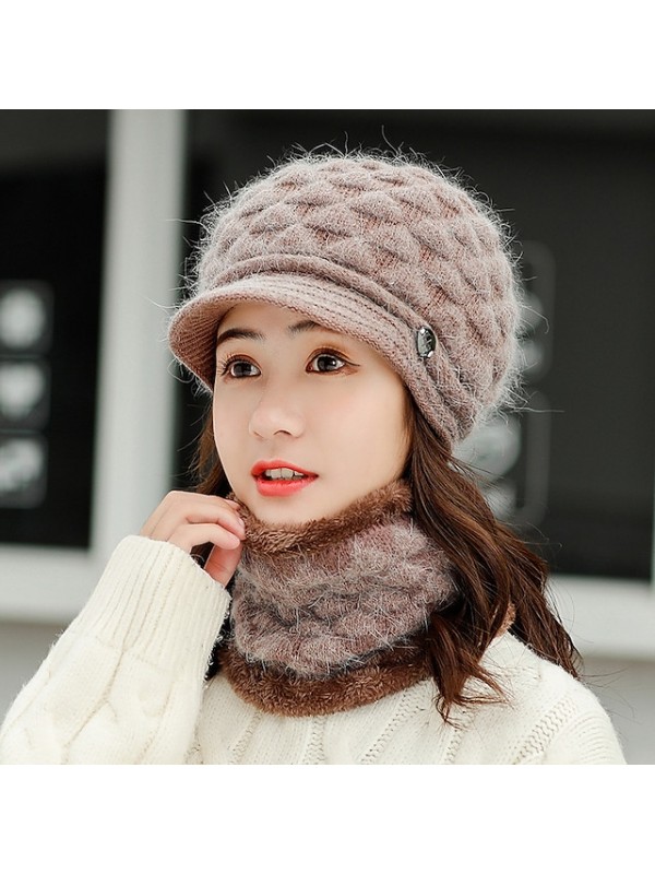 winter headwear two piece set womens knitted beanie hat with brim warm ski hats with fleece scarf neck warmer red #8603323