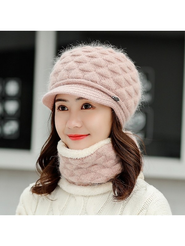 winter headwear two piece set womens knitted beanie hat with brim warm ski hats with fleece scarf neck warmer red #8603323