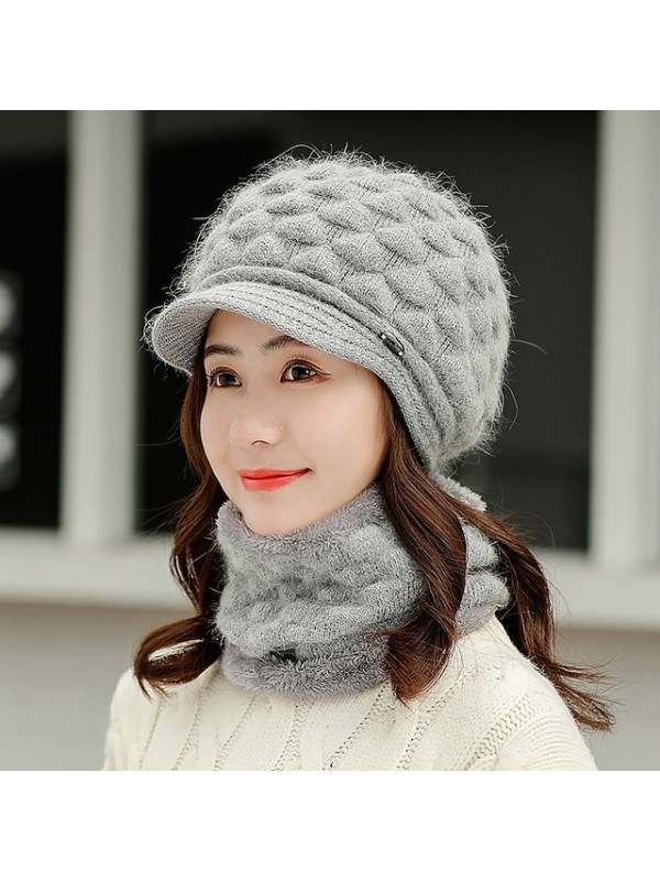 winter headwear two piece set womens knitted beanie hat with brim warm ski hats with fleece scarf neck warmer red #8603323