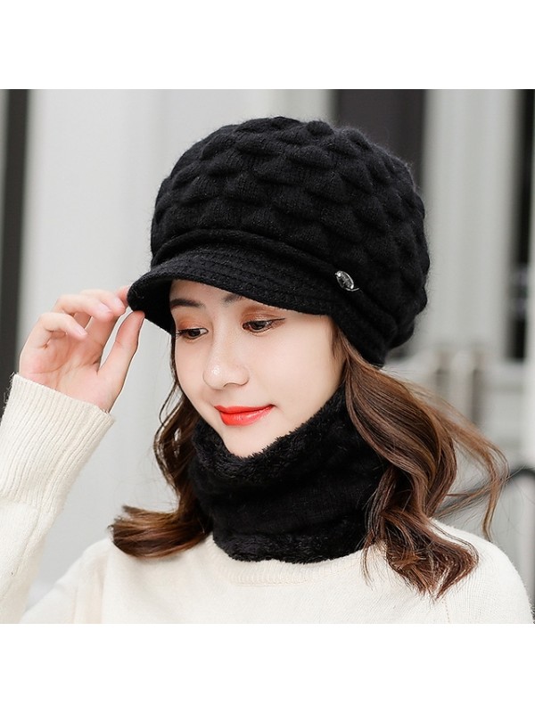 winter headwear two piece set womens knitted beanie hat with brim warm ski hats with fleece scarf neck warmer red #8603323