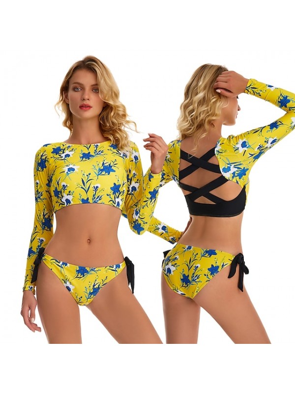 Women's Two Piece Swimsuit 2 Piece Swimwear Bathing Suit Floral / Botanical Swimwear Blue Black UV Sun Protection Ultra Light (UL) Breathable Long Sleeve - Swimming Surfing Water Sports Autumn / Fall #8994608