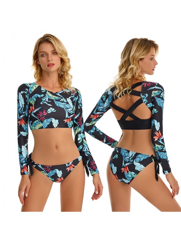 Women's Two Piece Swimsuit 2 Piece Swimwear Bathing Suit Floral / Botanical Swimwear Blue Black UV Sun Protection Ultra Light (UL) Breathable Long Sleeve - Swimming Surfing Water Sports Autumn / Fall #8994608