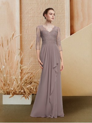 A-Line Empire Elegant Prom Formal Evening Dress V Neck 3/4 Length Sleeve Floor Length Chiffon with Sequin Ruffles Appliques 2022 #8989263