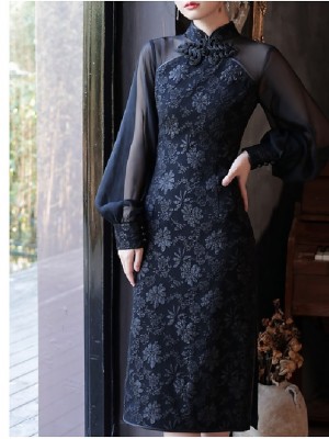 Sheath / Column Mother of the Bride Dress Elegant High Neck Tea Length Chiffon Lace Long Sleeve with Split Front Flower 2022 #8947860