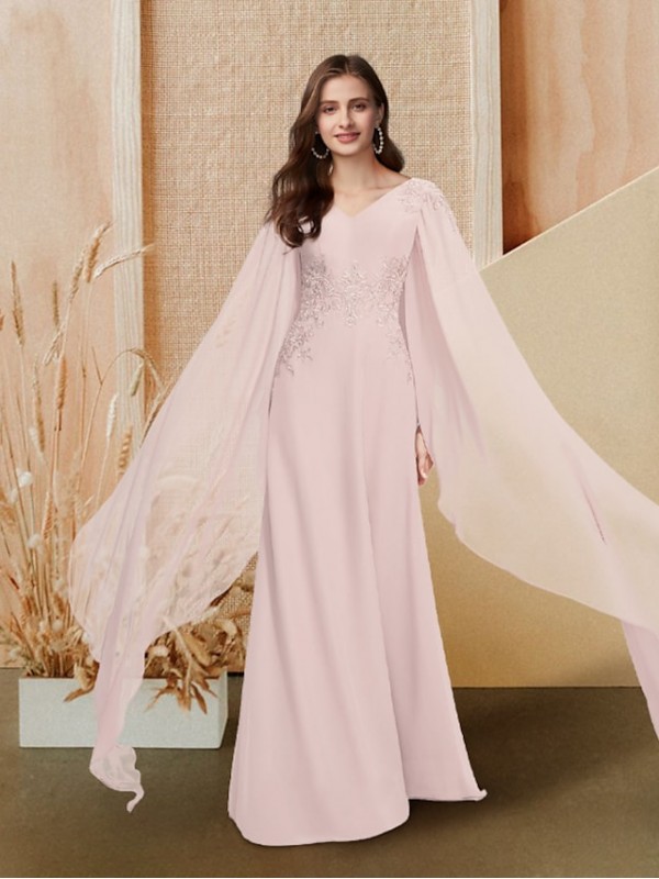 A-Line Elegant Cute Prom Formal Evening Dress V Neck Long Sleeve Floor Length Chiffon with Appliques 2022 #8989235