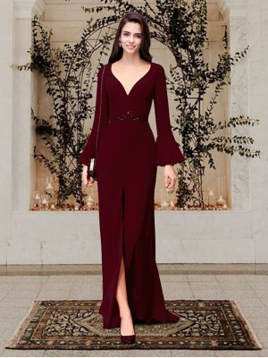 Sheath / Column Mother of the Bride Dress Elegant V Neck Sweep / Brush Train Stretch Fabric Long Sleeve with Split Front 2022 #9002655