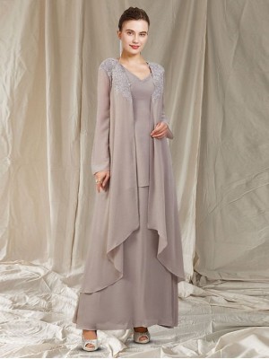 Two Piece A-Line Mother of the Bride Dress Wrap Included V Neck Floor Length Chiffon Long Sleeve with Appliques 2022 #7711602