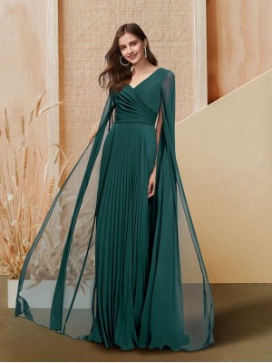 A-Line Empire Elegant Prom Formal Evening Dress V Neck Long Sleeve Floor Length Chiffon with Sleek Pleats 2022 #8989234