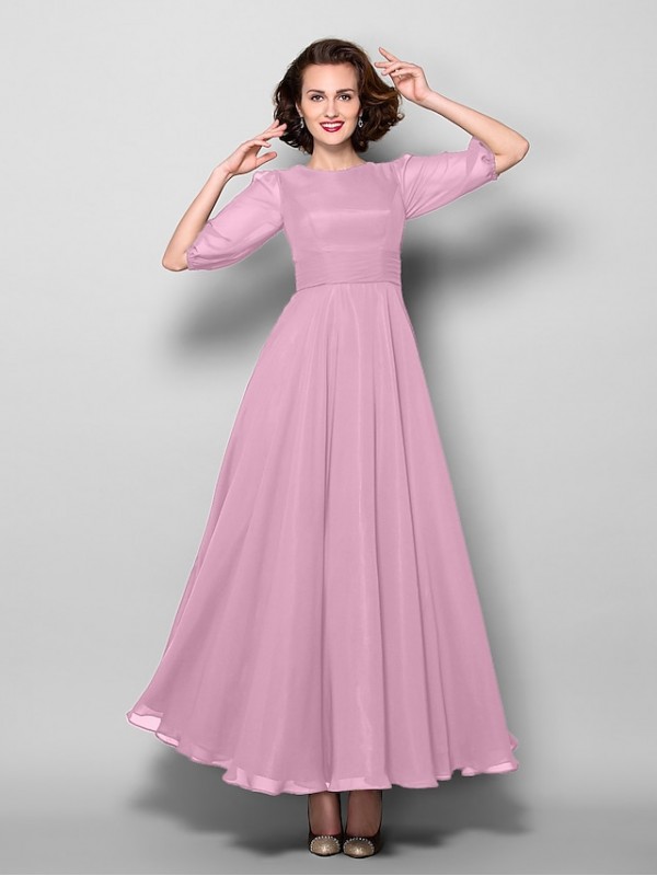 A-Line Mother of the Bride Dress Elegant Jewel Neck Ankle Length Chiffon Half Sleeve with Sash / Ribbon Ruched 2022 #2050349