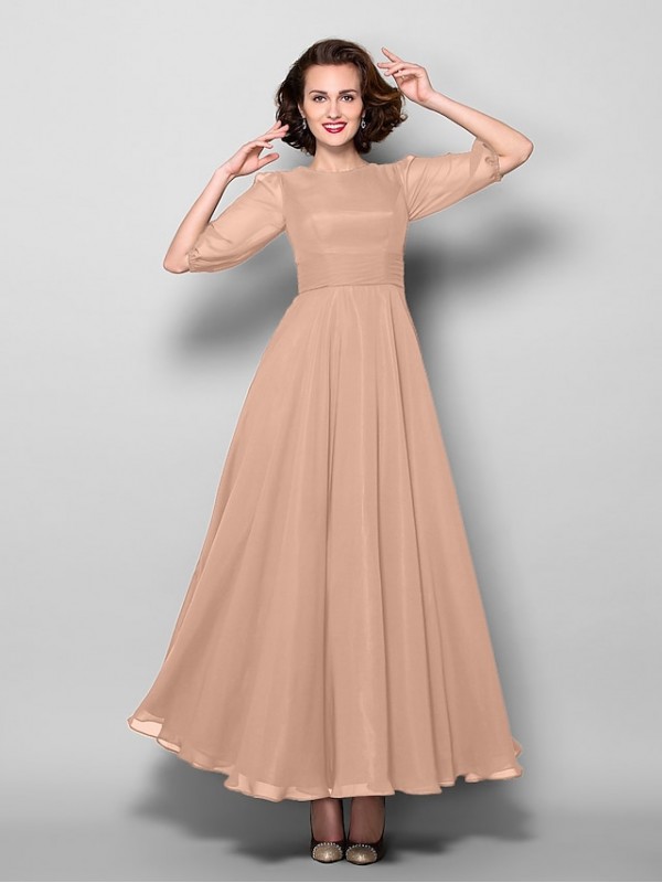 A-Line Mother of the Bride Dress Elegant Jewel Neck Ankle Length Chiffon Half Sleeve with Sash / Ribbon Ruched 2022 #2050349