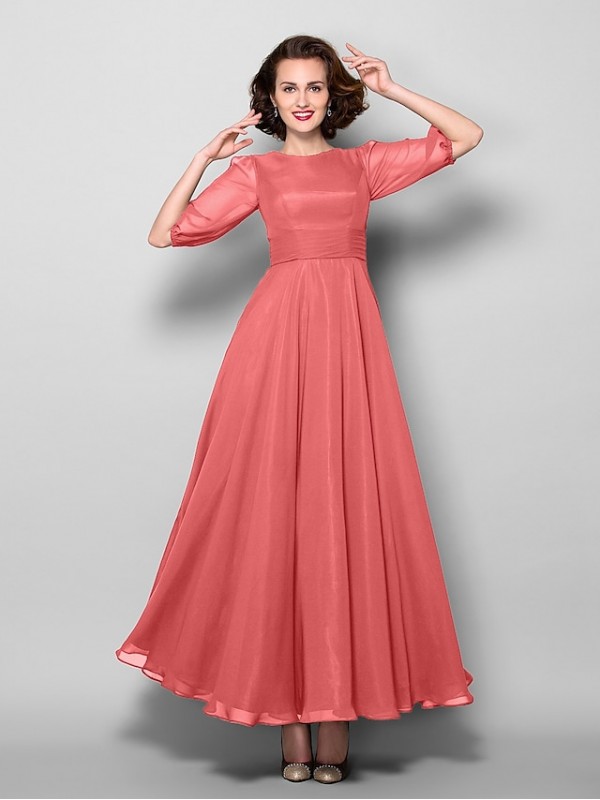 A-Line Mother of the Bride Dress Elegant Jewel Neck Ankle Length Chiffon Half Sleeve with Sash / Ribbon Ruched 2022 #2050349