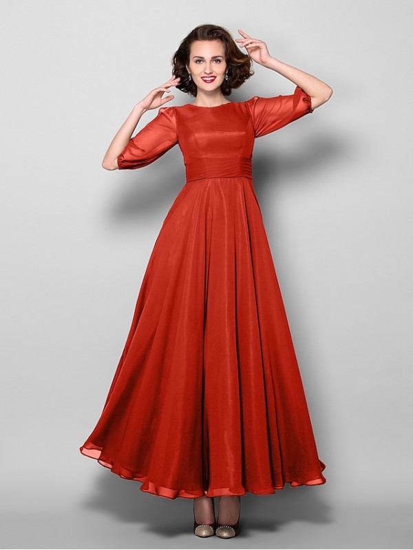 A-Line Mother of the Bride Dress Elegant Jewel Neck Ankle Length Chiffon Half Sleeve with Sash / Ribbon Ruched 2022 #2050349