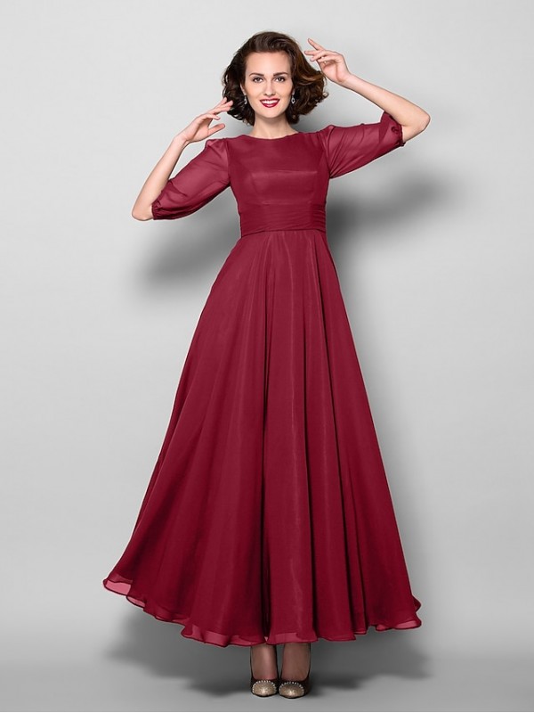 A-Line Mother of the Bride Dress Elegant Jewel Neck Ankle Length Chiffon Half Sleeve with Sash / Ribbon Ruched 2022 #2050349