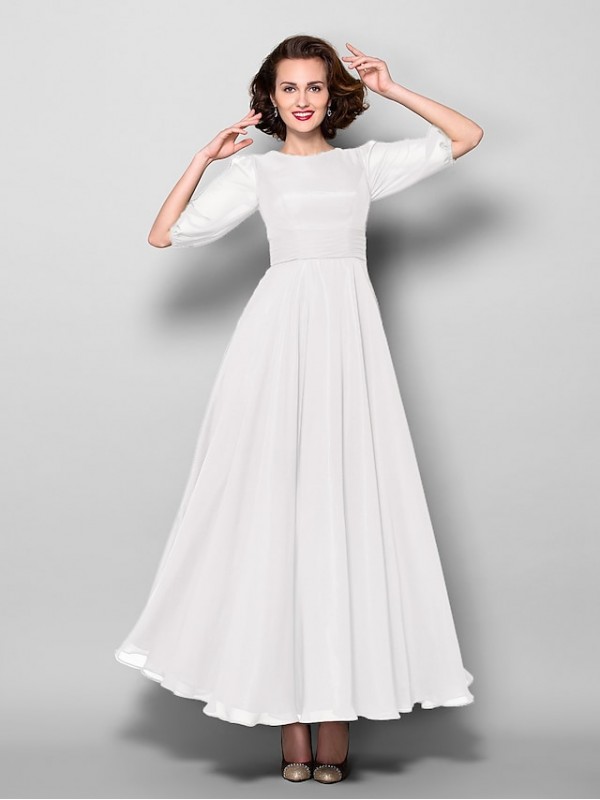 A-Line Mother of the Bride Dress Elegant Jewel Neck Ankle Length Chiffon Half Sleeve with Sash / Ribbon Ruched 2022 #2050349