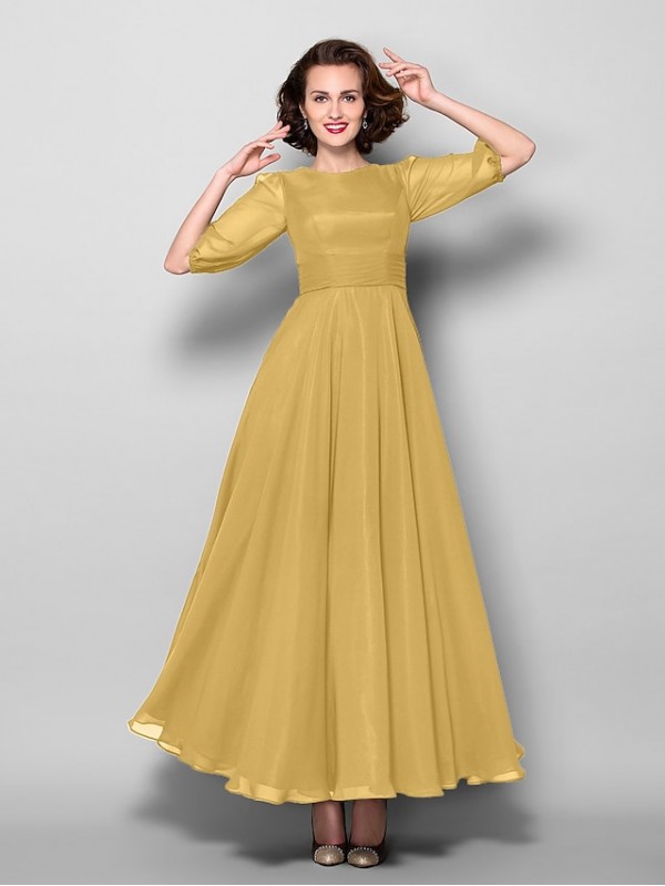 A-Line Mother of the Bride Dress Elegant Jewel Neck Ankle Length Chiffon Half Sleeve with Sash / Ribbon Ruched 2022 #2050349